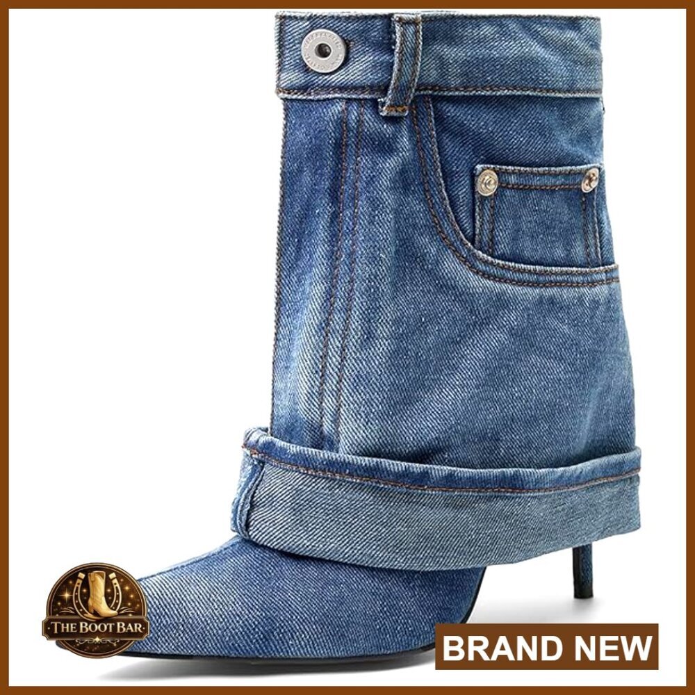 Pointed Toe Stiletto Ankle Booties Denim Fold Over Women's Fashion Shoes